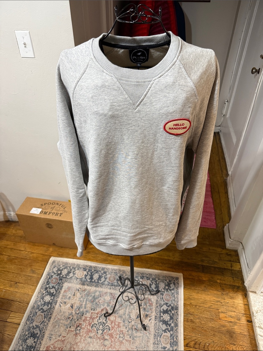 Lush Gray Crewneck Sweatshirt with Red 'Hello Handsome' Patch